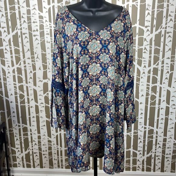 Boho Floral Printed Mini Dress Tunic w Embroidered Trim sz 2XL - Picture 1 of 16